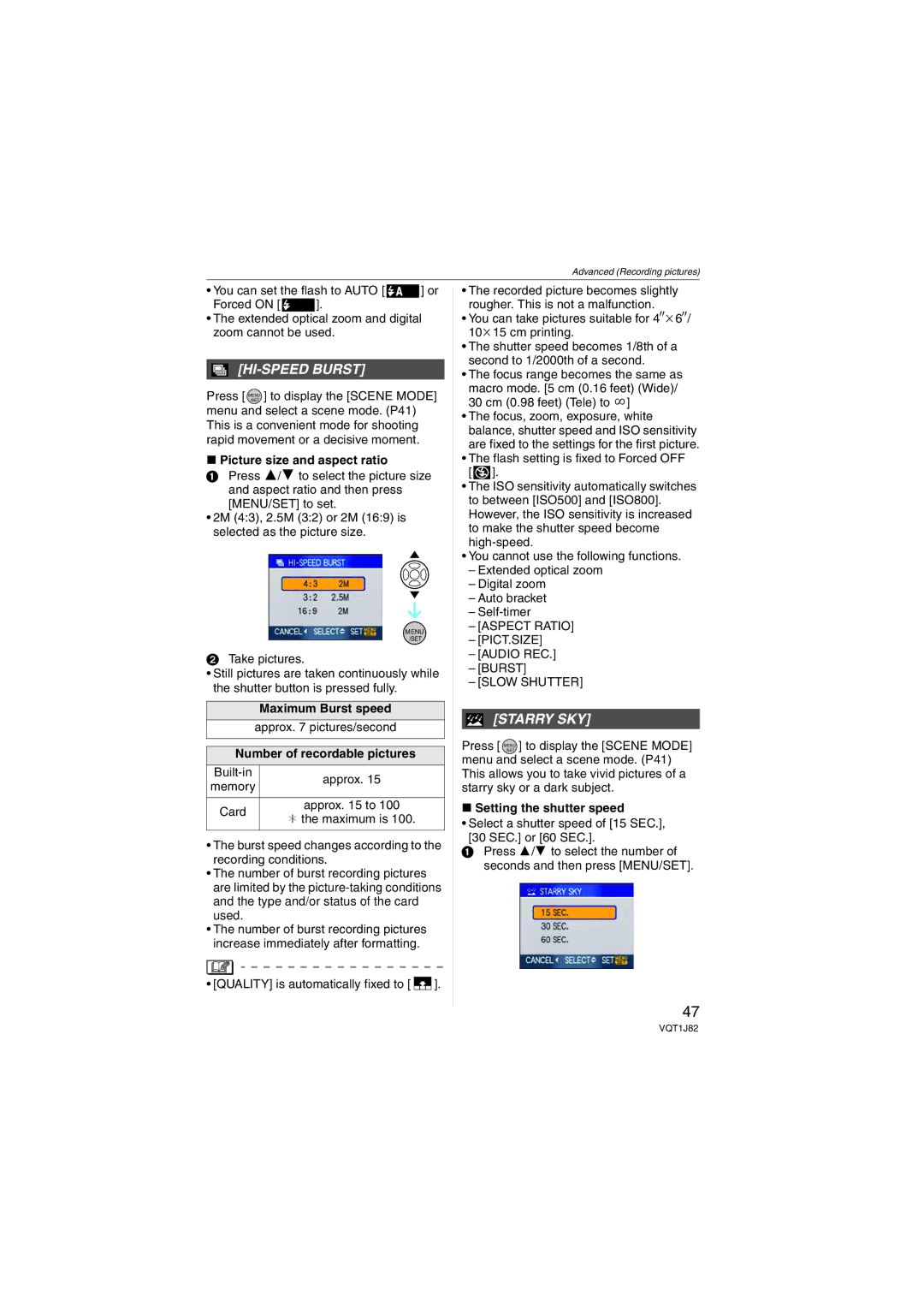 Panasonic VQT1J82, DMC-FX33 HI-SPEED Burst, Starry SKY, Maximum Burst speed, Number of recordable pictures 