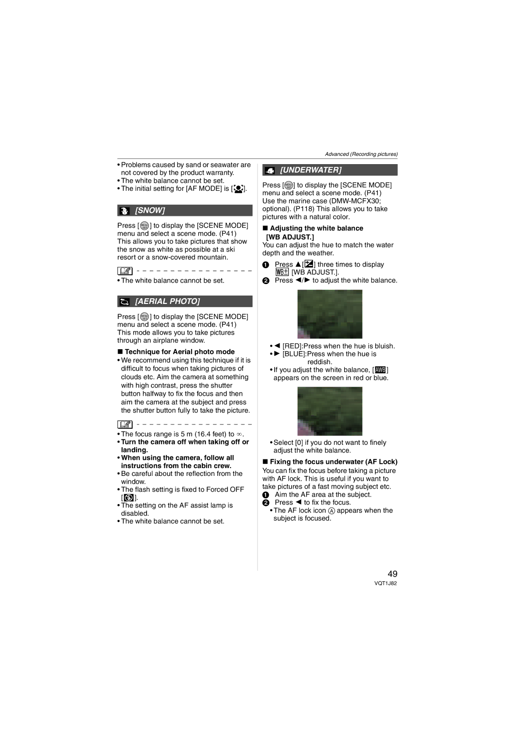 Panasonic VQT1J82, DMC-FX33 operating instructions Snow, Aerial Photo, Underwater 