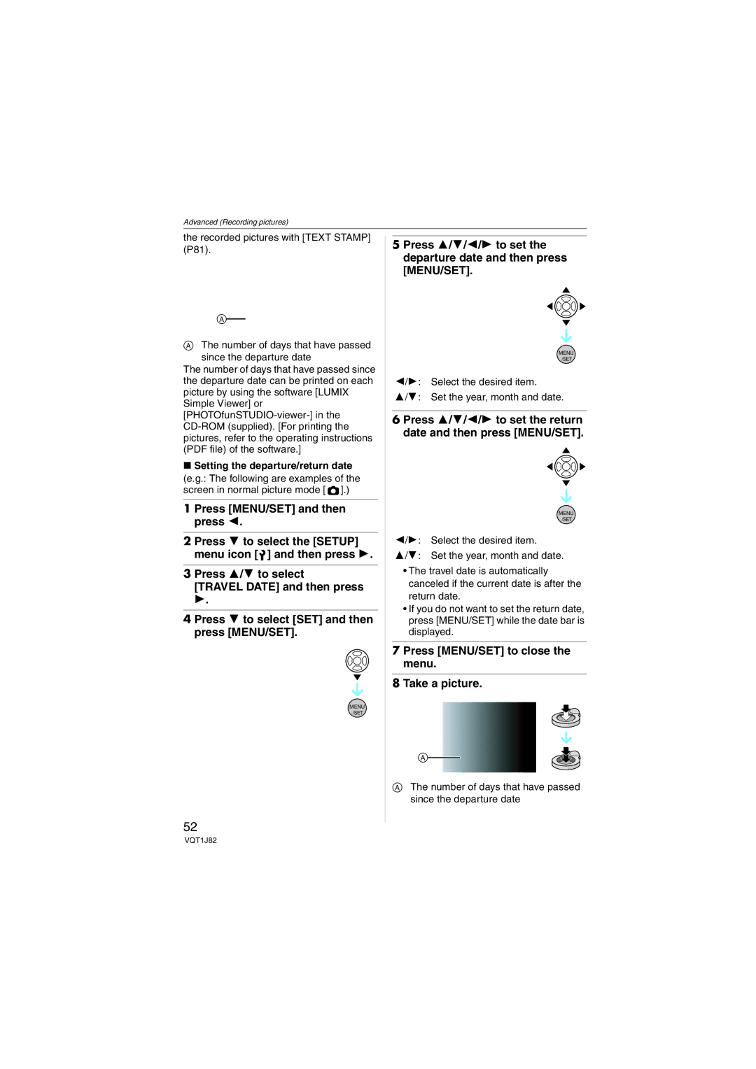 Panasonic DMC-FX33, VQT1J82 Press MENU/SET to close the menu Take a picture, Setting the departure/return date 