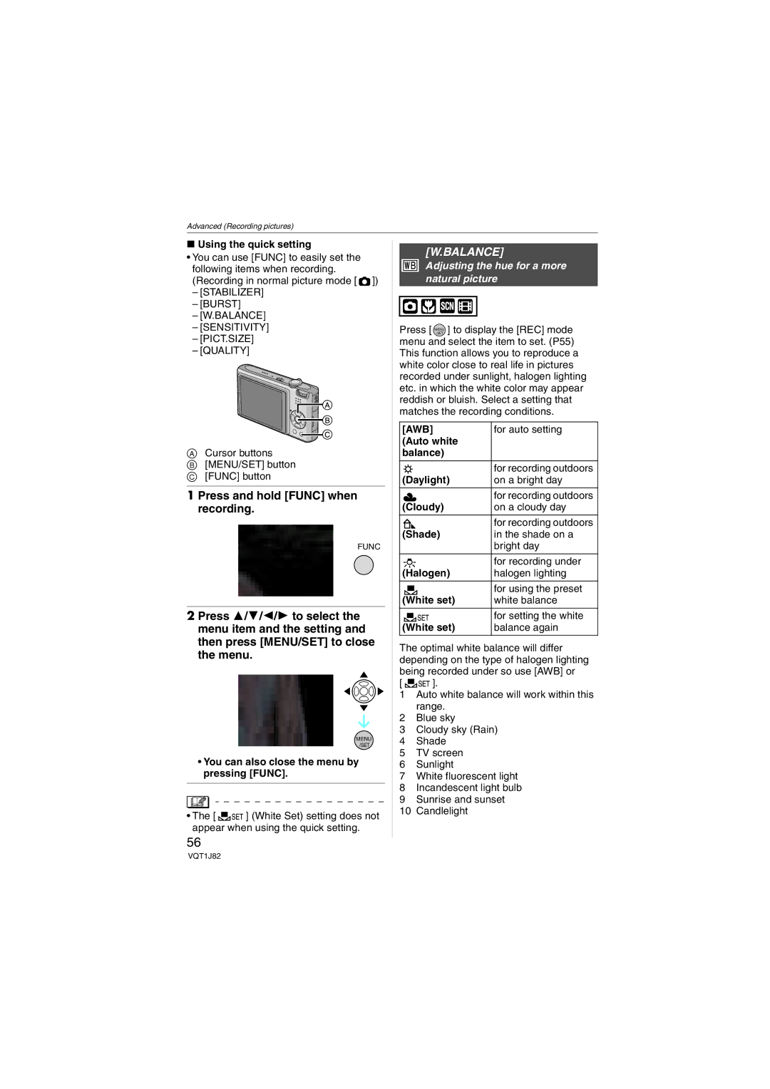 Panasonic DMC-FX33, VQT1J82 Press and hold Func when recording, Balance, Adjusting the hue for a more natural picture, Awb 