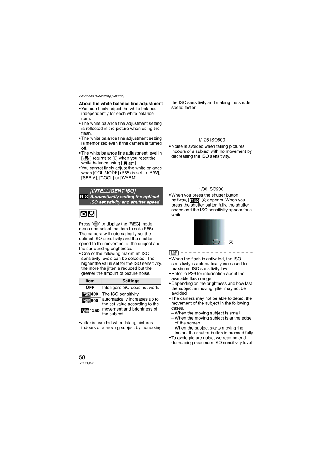 Panasonic DMC-FX33, VQT1J82 operating instructions Intelligent ISO, Settings, 400, 800, 1250 