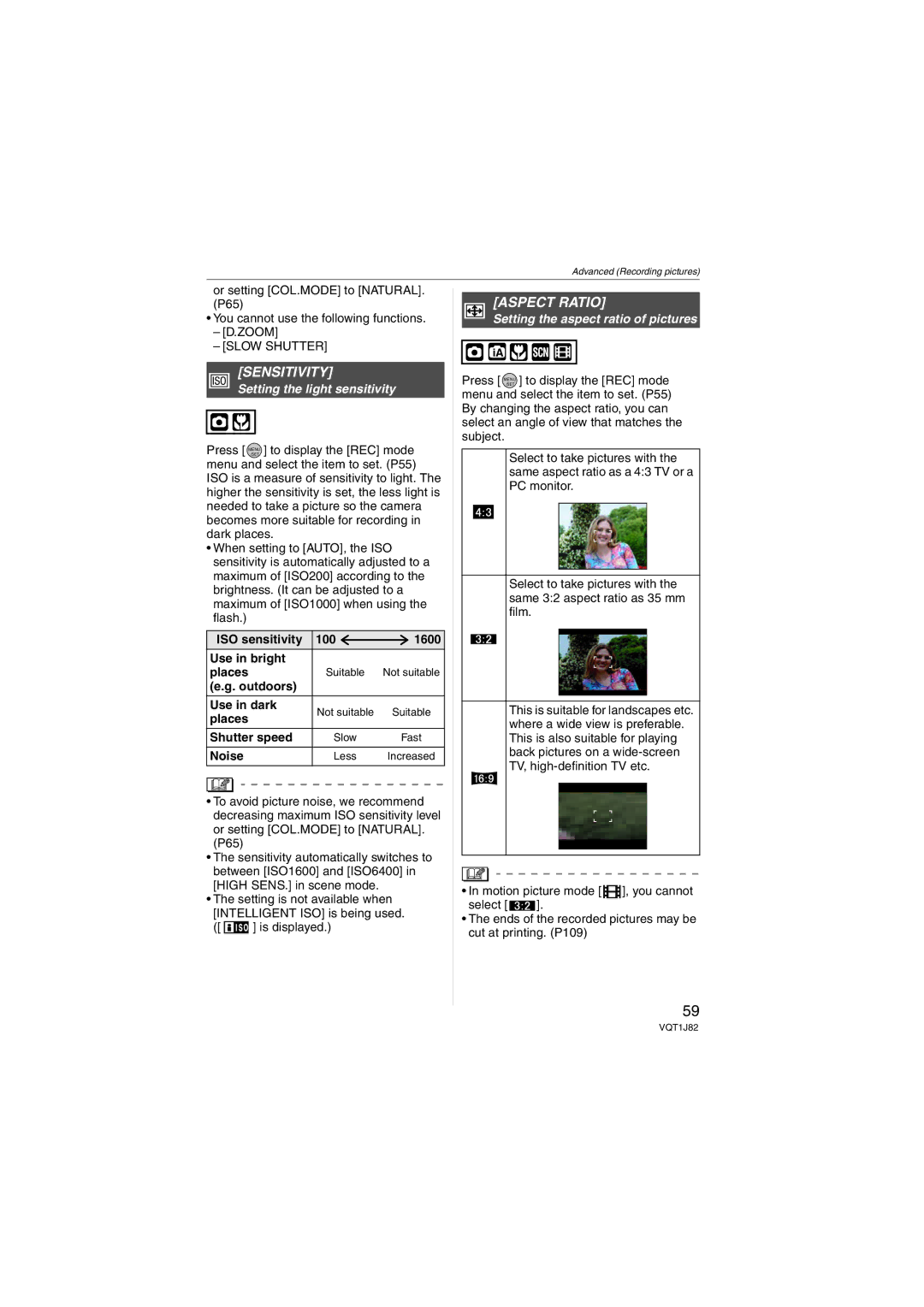 Panasonic VQT1J82, DMC-FX33 Sensitivity, Aspect Ratio, Setting the light sensitivity, Setting the aspect ratio of pictures 