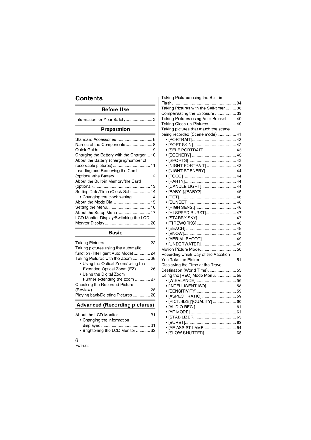 Panasonic DMC-FX33, VQT1J82 operating instructions Contents 