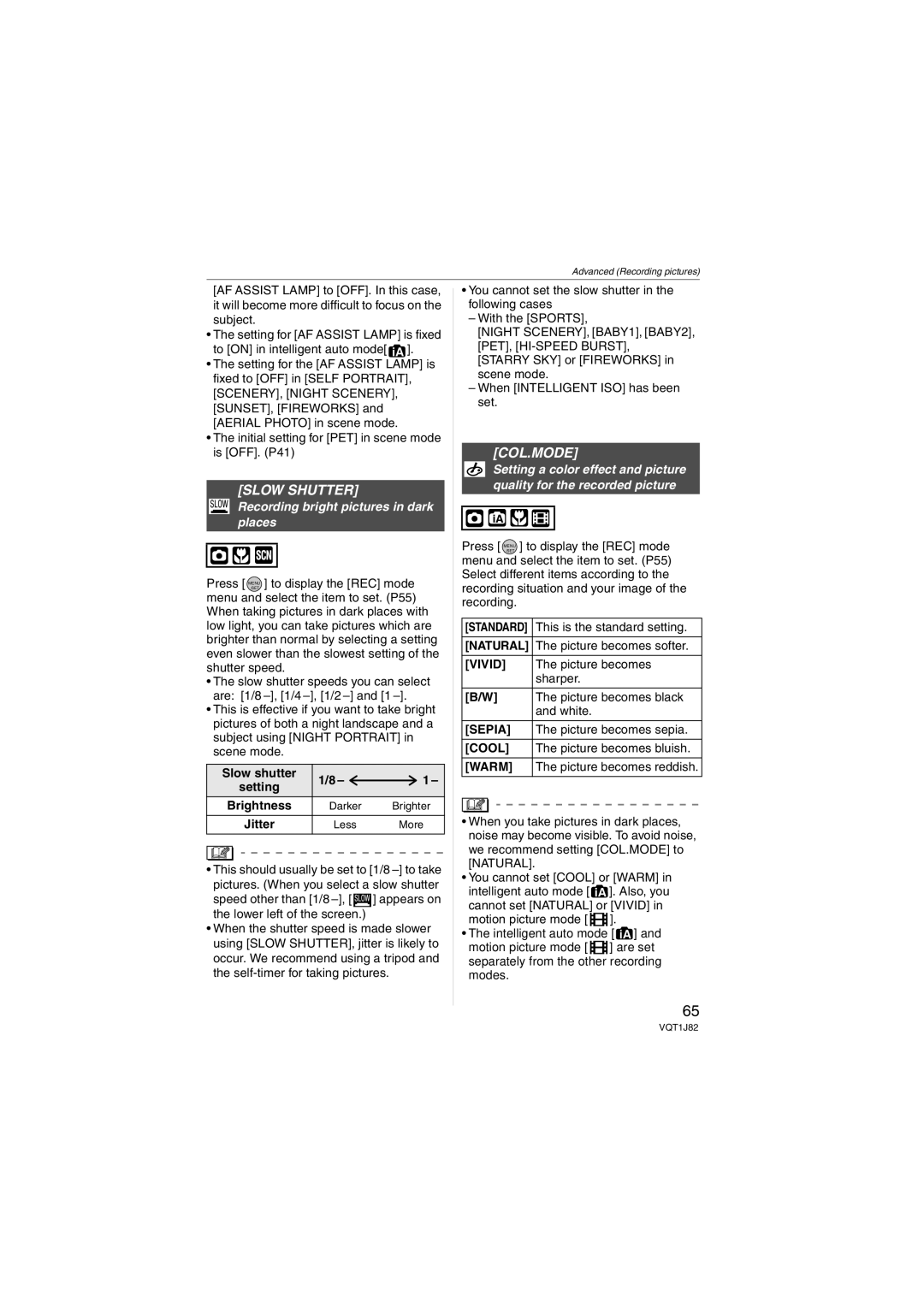 Panasonic VQT1J82, DMC-FX33 operating instructions Slow Shutter, Col.Mode, Recording bright pictures in dark places 