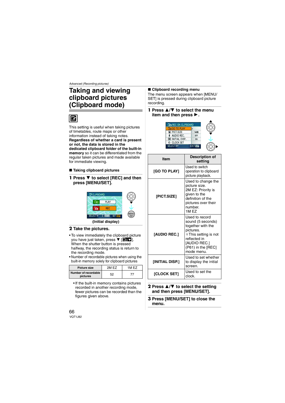 Panasonic DMC-FX33, VQT1J82 Press 4 to select REC and then press MENU/SET, Take the pictures, Audio REC, Clock SET 