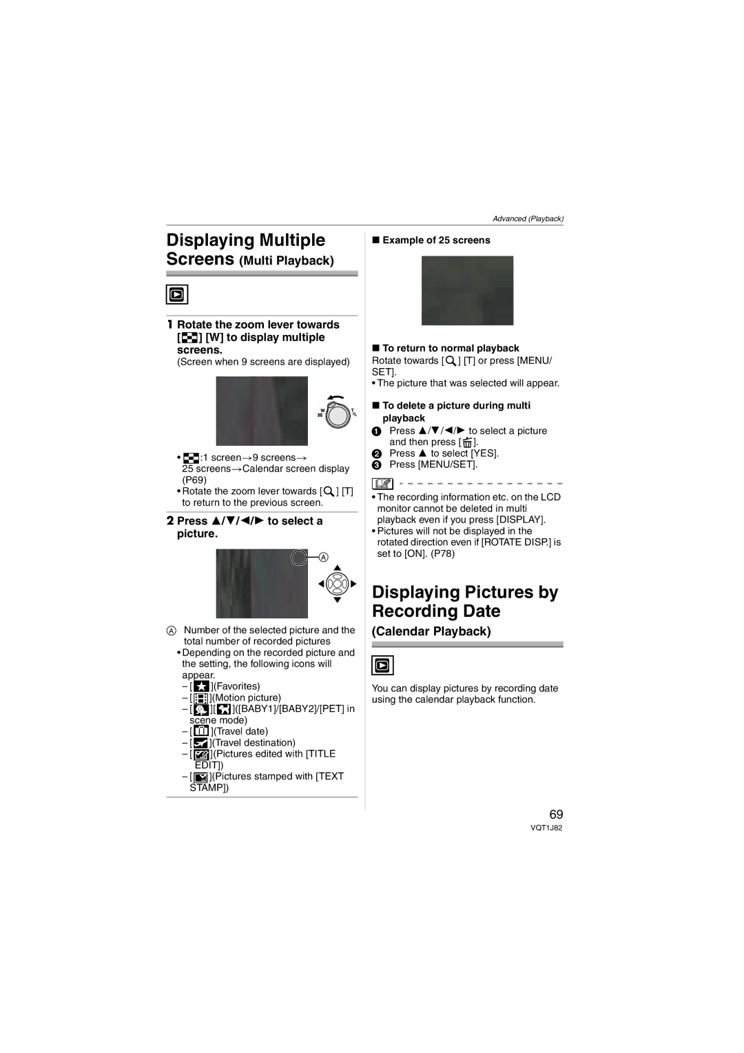 Panasonic VQT1J82, DMC-FX33 Displaying Multiple, Displaying Pictures by Recording Date, Press 3/4/2/1 to select a picture 