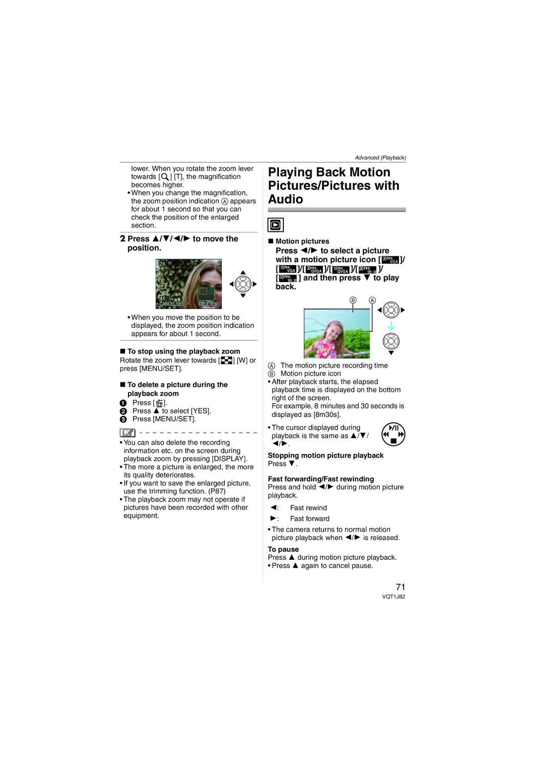 Panasonic VQT1J82 Playing Back Motion Pictures/Pictures with Audio, To stop using the playback zoom, Motion pictures 