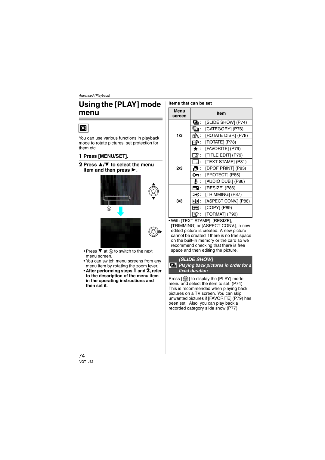 Panasonic DMC-FX33, VQT1J82 Using the Play mode menu, Slide Show, Playing back pictures in order for a fixed duration 