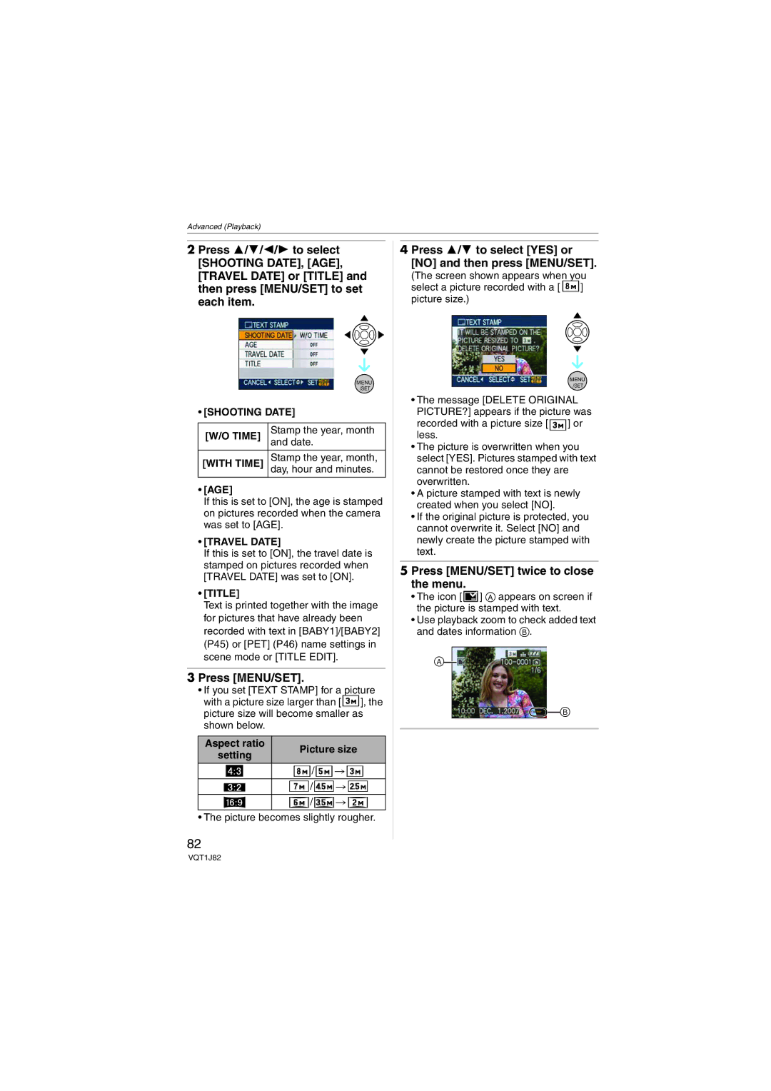 Panasonic DMC-FX33, VQT1J82 Press 3/4 to select YES or no and then press MENU/SET, Shooting Date Time, Travel Date, Title 