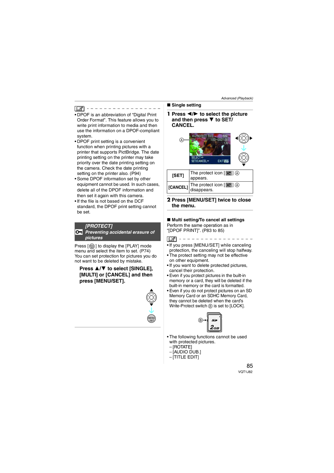 Panasonic VQT1J82, DMC-FX33 Protect, Preventing accidental erasure of pictures, Rotate Audio DUB Title Edit 