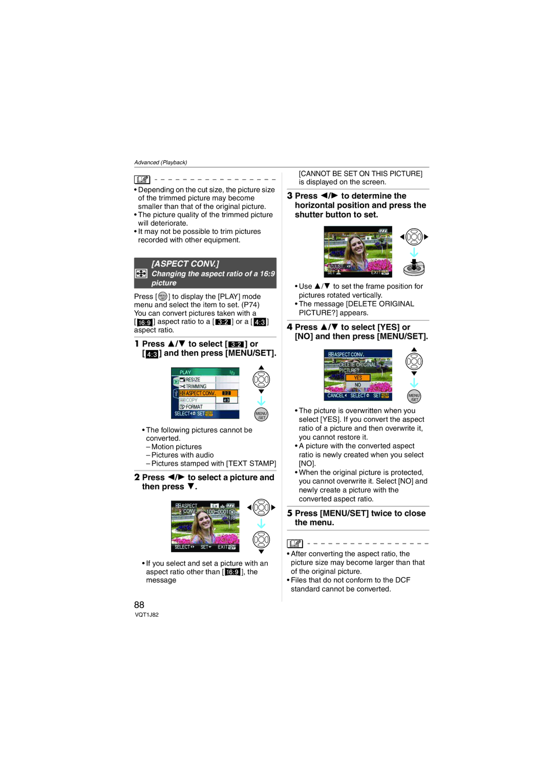 Panasonic DMC-FX33 Aspect Conv, Press 3/4 to select or Then press MENU/SET, Changing the aspect ratio of a 169 picture 