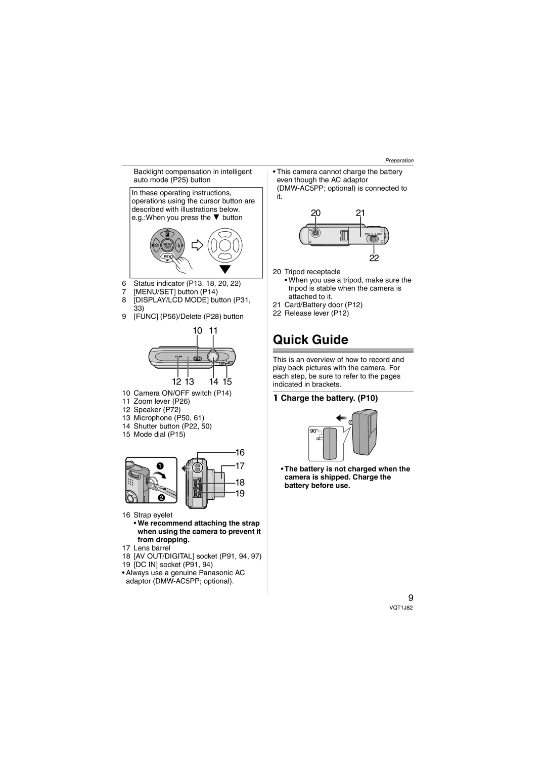 Panasonic VQT1J82 Quick Guide, Charge the battery. P10, Backlight compensation in intelligent auto mode P25 button 