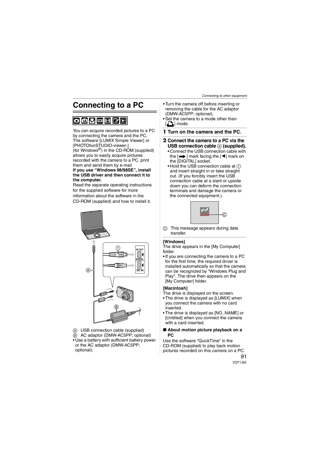 Panasonic VQT1J82, DMC-FX33 operating instructions Connecting to a PC, Turn on the camera and the PC, Windows, Macintosh 