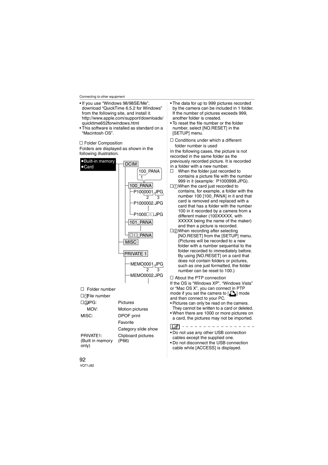 Panasonic DMC-FX33 Folder Composition, Conditions under which a different Folder number is used, About the PTP connection 