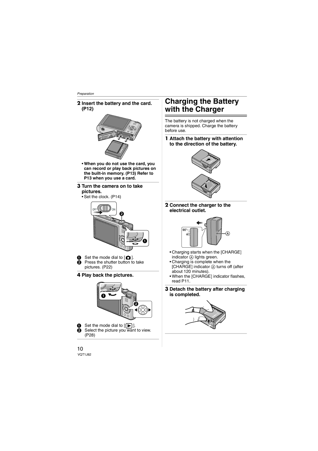 Panasonic DMC-FX33 Insert the battery and the card P12, Turn the camera on to take pictures, Play back the pictures 