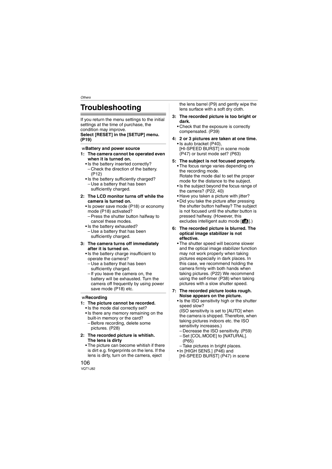 Panasonic DMC-FX33 operating instructions Troubleshooting, 106 