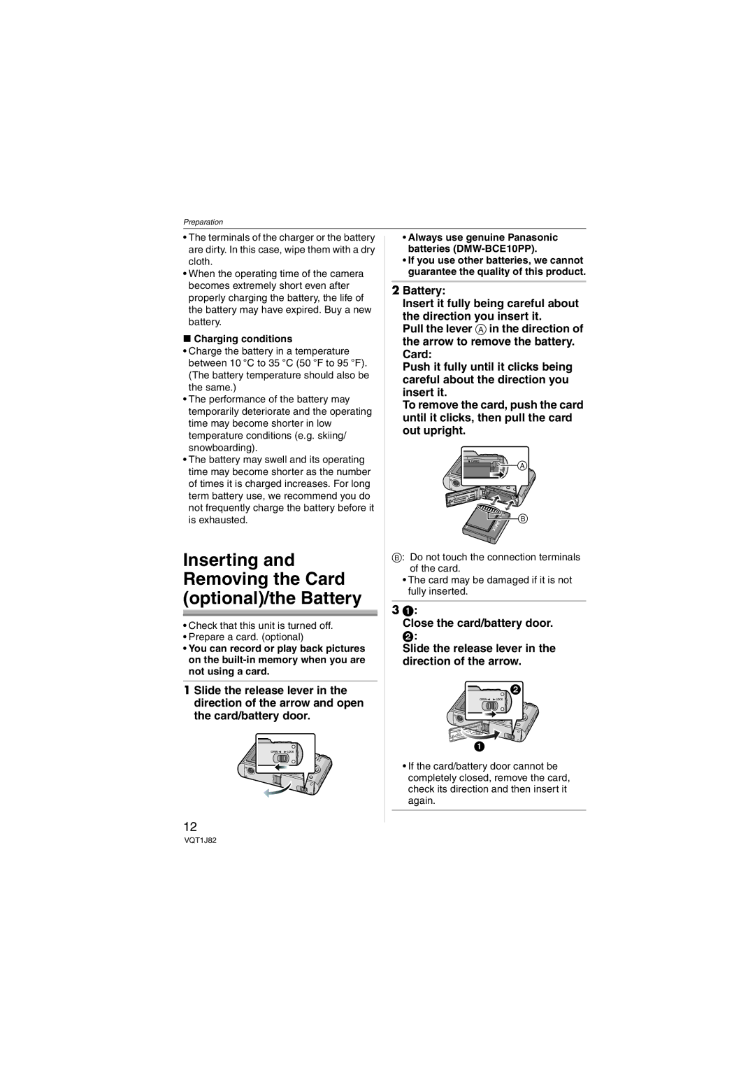 Panasonic DMC-FX33 operating instructions Inserting Removing the Card Optional/the Battery, Charging conditions 