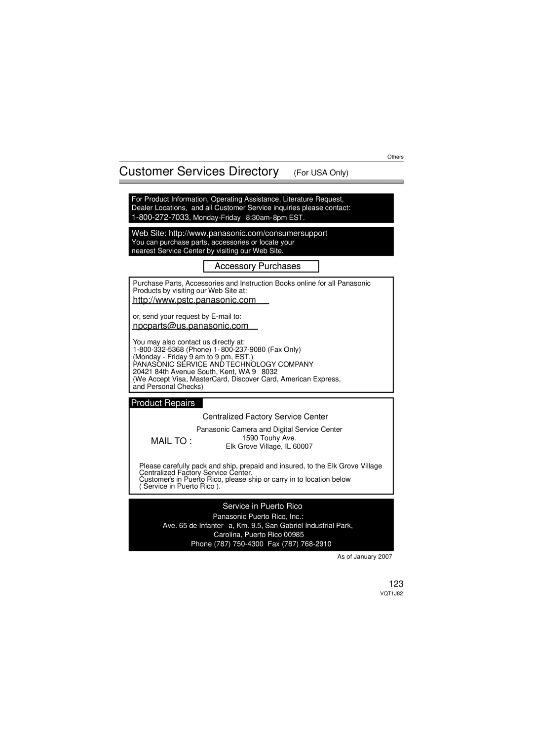 Panasonic DMC-FX33 operating instructions Customer Services Directory For USA Only, 123, Centralized Factory Service Center 