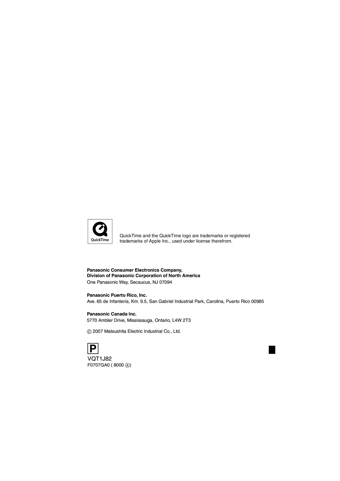 Panasonic DMC-FX33 One Panasonic Way, Secaucus, NJ, Panasonic Puerto Rico, Inc, Panasonic Canada Inc, F0707GA0 8000 a 