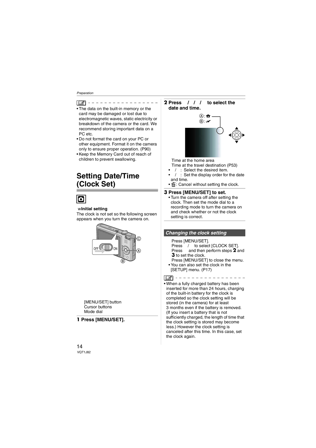 Panasonic DMC-FX33 Setting Date/Time Clock Set, Press MENU/SET Press 3/4/2/1 to select the date and time, Initial setting 