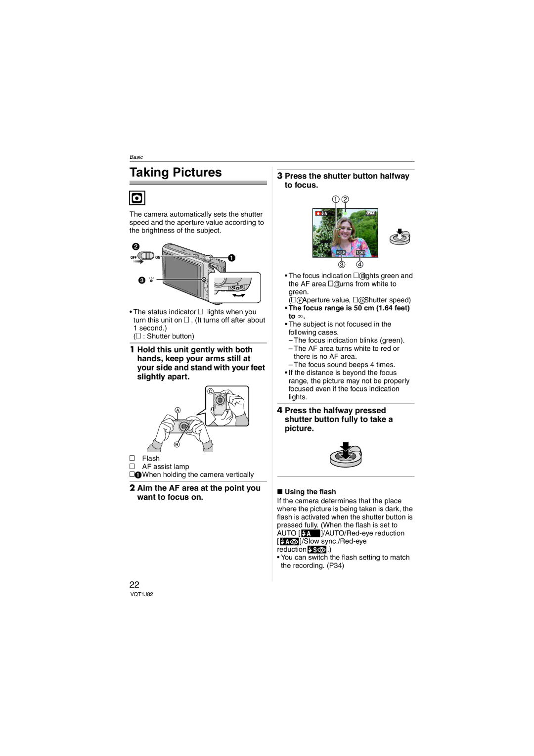 Panasonic DMC-FX33 Taking Pictures, Flash AF assist lamp When holding the camera vertically, Using the flash 