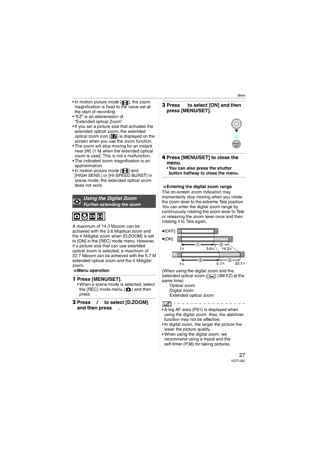 Panasonic DMC-FX33 operating instructions Press MENU/SET to close the menu, Further extending the zoom, Menu operation 