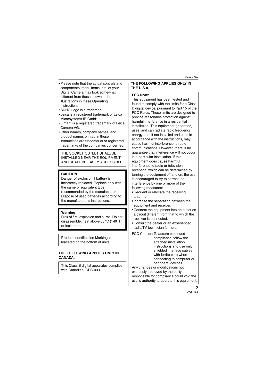 Panasonic DMC-FX33 operating instructions Following Applies only in Canada, Following Applies only in the U.S.A, FCC Note 