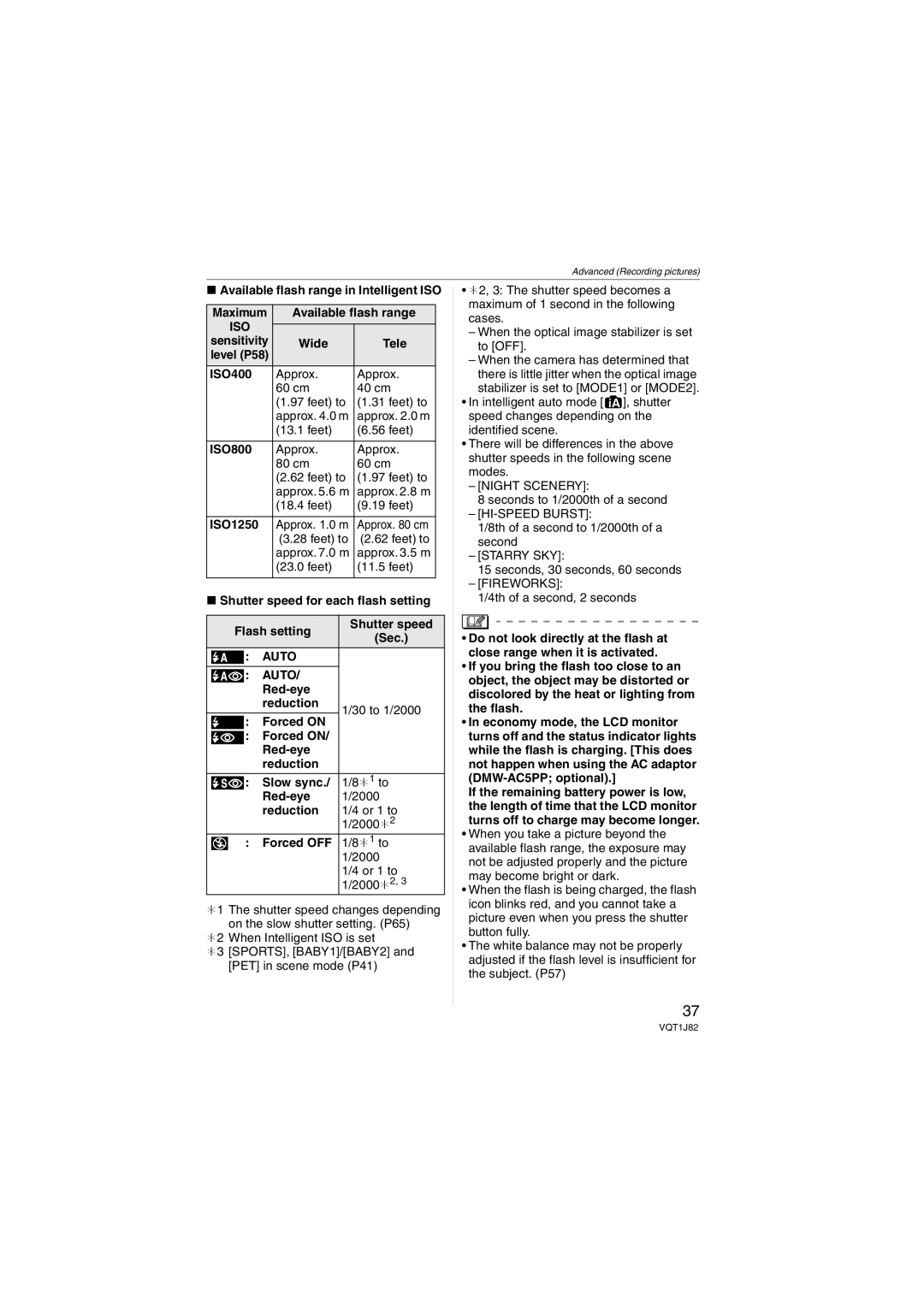 Panasonic DMC-FX33 operating instructions Available flash range in Intelligent ISO, Wide Tele, ISO1250 