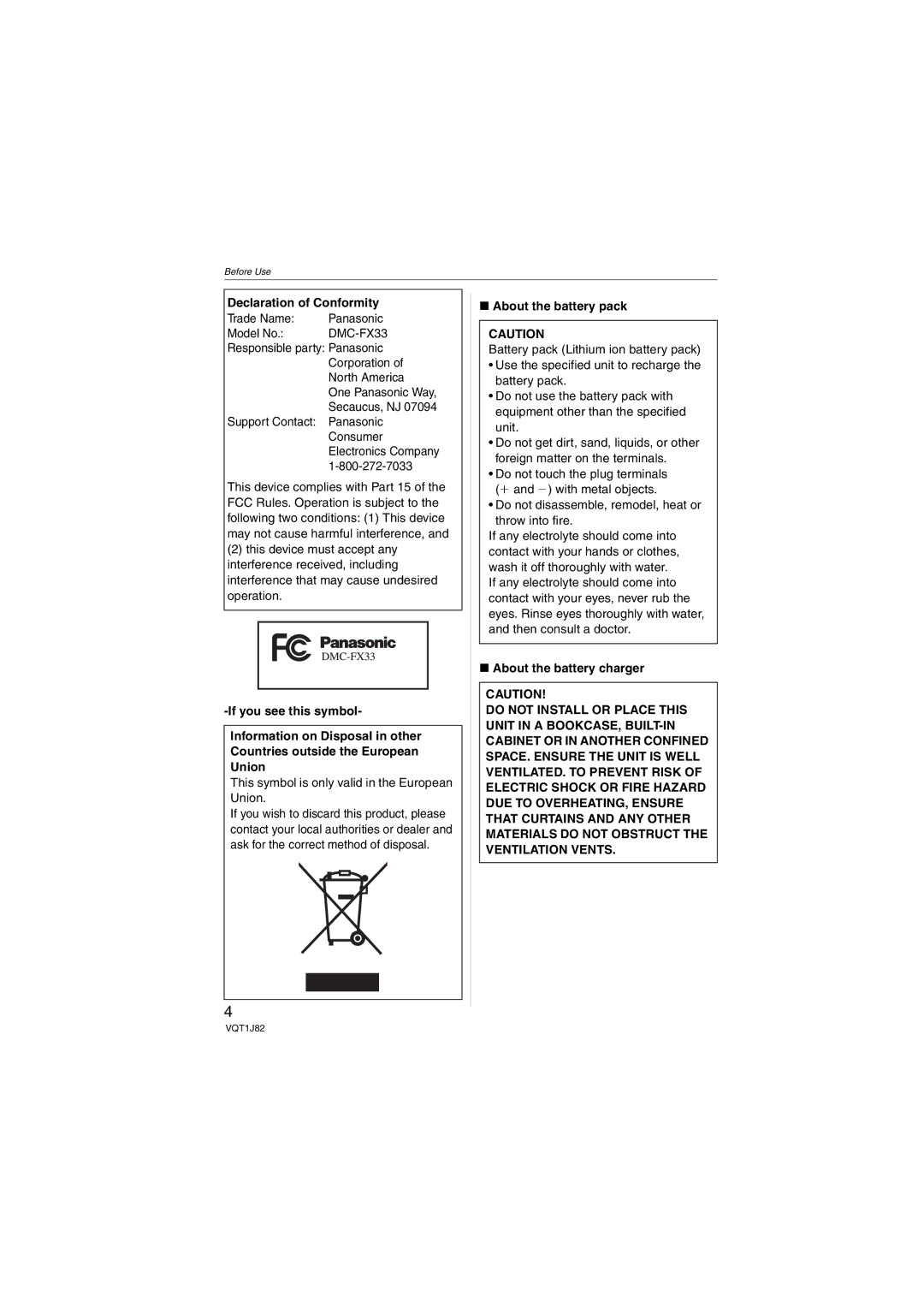 Panasonic DMC-FX33 operating instructions Declaration of Conformity, About the battery pack, About the battery charger 