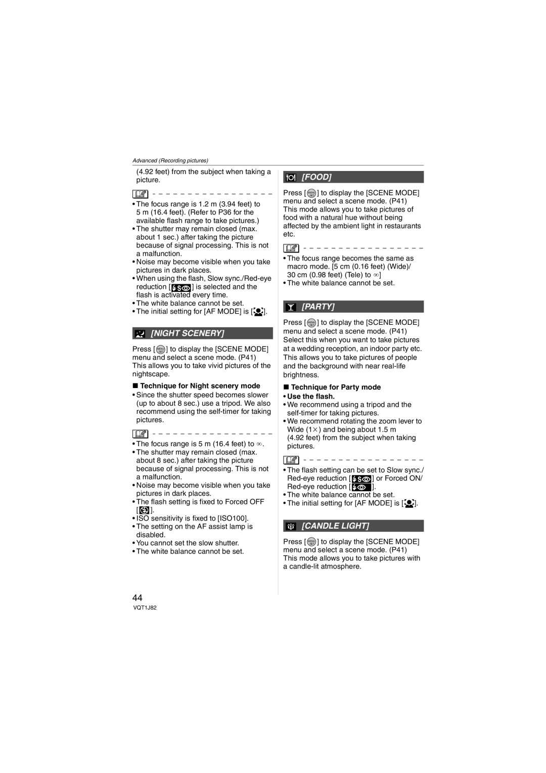 Panasonic DMC-FX33 operating instructions Night Scenery, Food, Party, Candle Light 