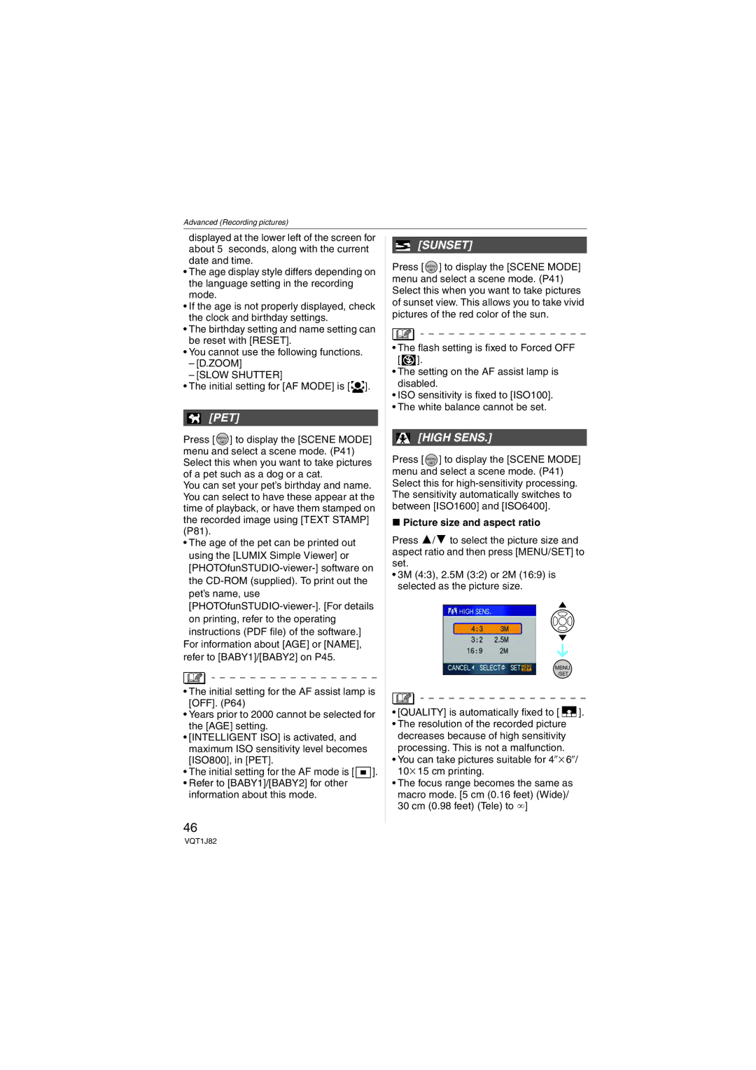 Panasonic DMC-FX33 operating instructions Pet, Sunset, High Sens, Picture size and aspect ratio 