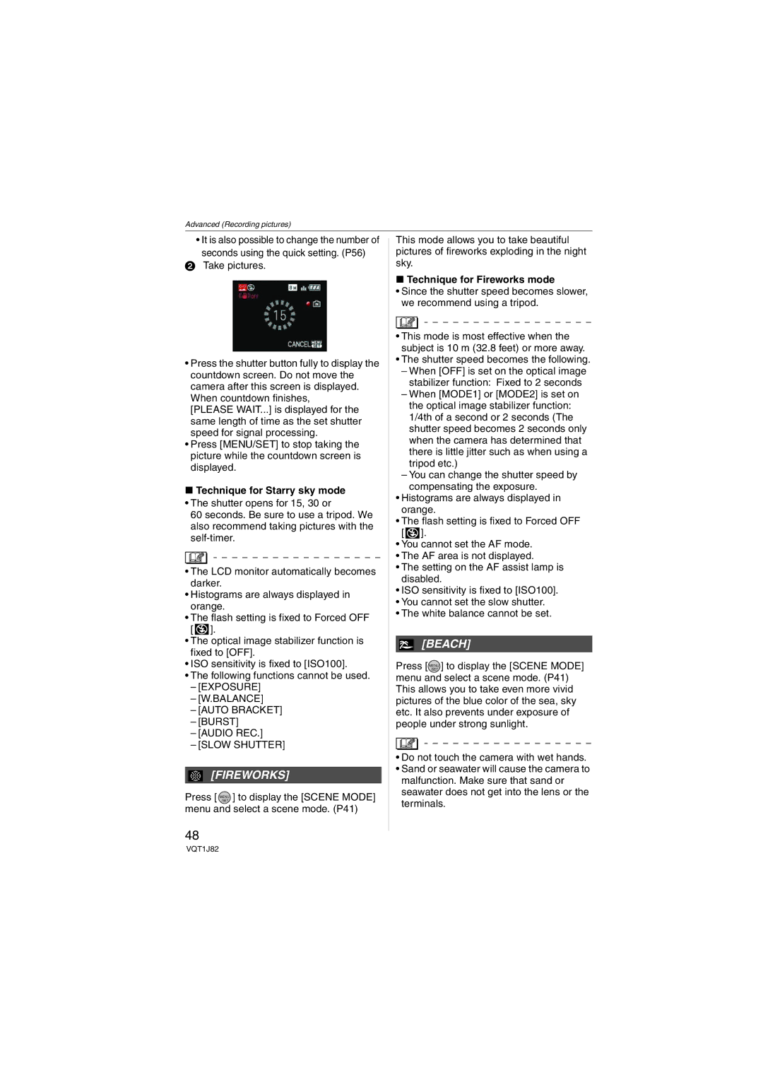 Panasonic DMC-FX33 operating instructions Beach, Technique for Starry sky mode, Technique for Fireworks mode 