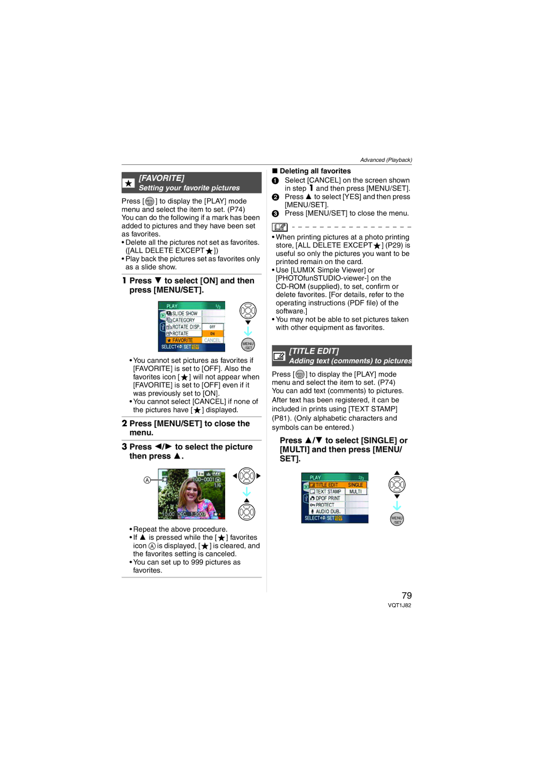 Panasonic DMC-FX33 operating instructions Favorite, Title Edit, Setting your favorite pictures, Deleting all favorites 