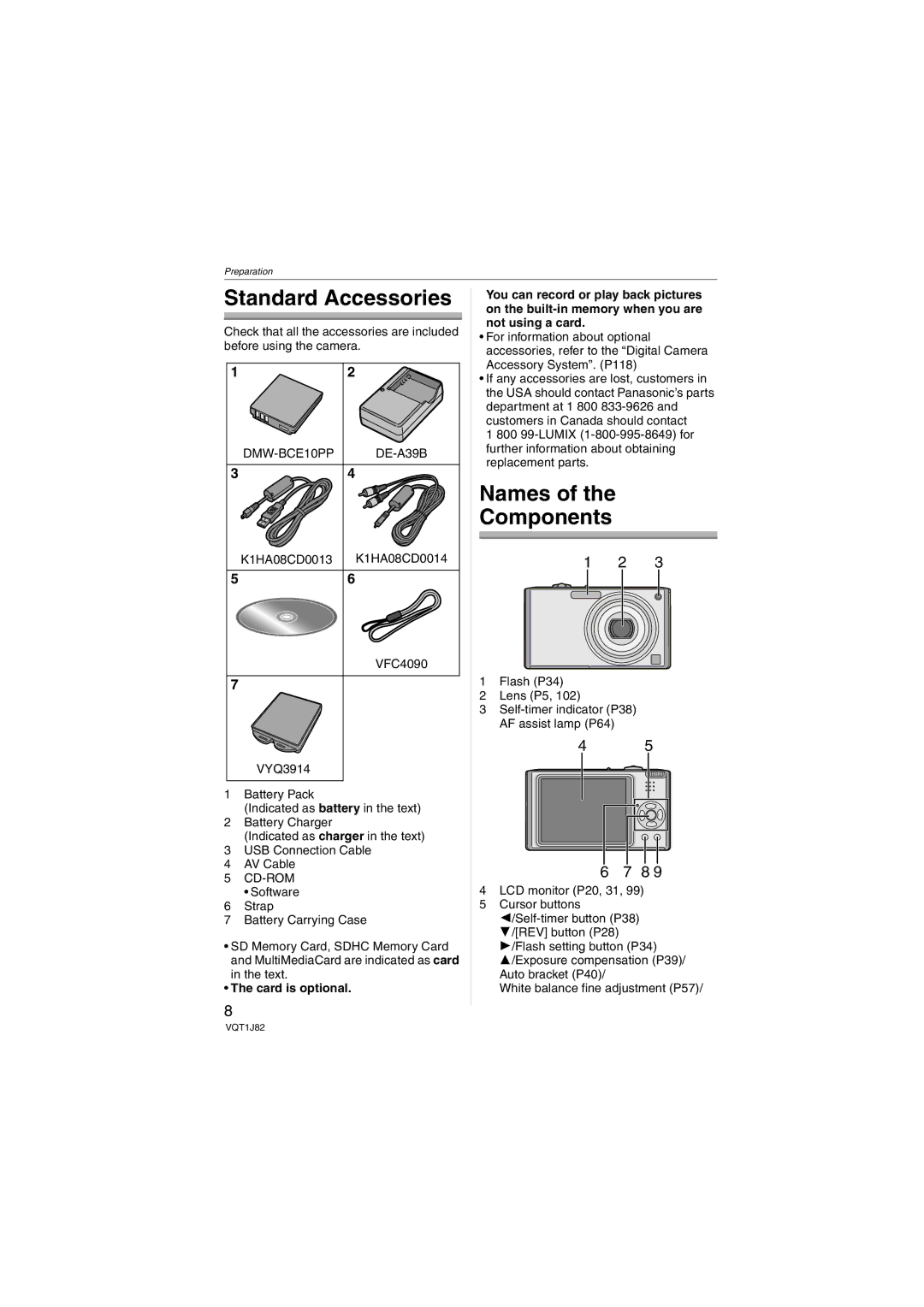 Panasonic DMC-FX33 operating instructions Standard Accessories, Names Components, DMW-BCE10PP, DE-A39B, Cd-Rom 