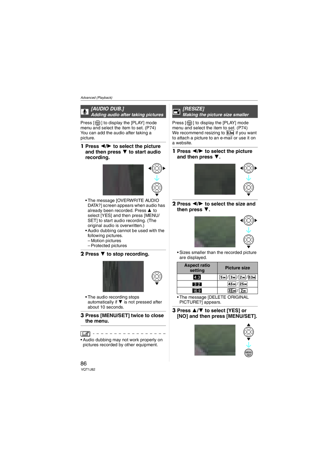 Panasonic DMC-FX33 operating instructions Audio DUB, Press 4 to stop recording, Resize, Adding audio after taking pictures 