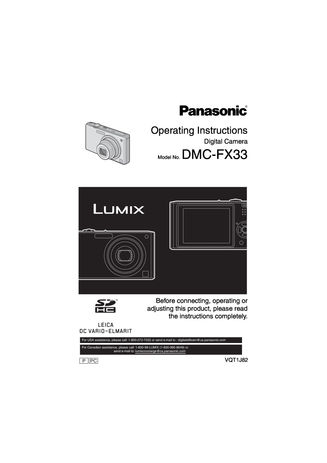 Panasonic DMC-FX33 operating instructions Digital Camera, VQT1J82, Operating Instructions 