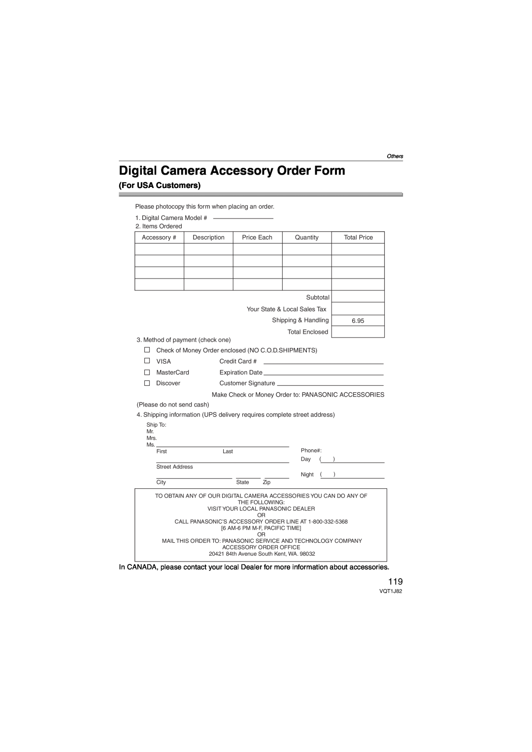 Panasonic DMC-FX33 operating instructions Digital Camera Accessory Order Form, For USA Customers 