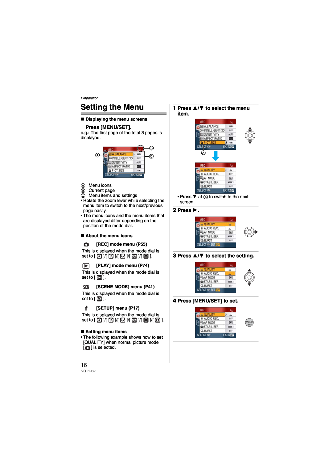 Panasonic DMC-FX33 Setting the Menu, Press MENU/SET, Press 3/4 to select the menu item, ∫ Displaying the menu screens 