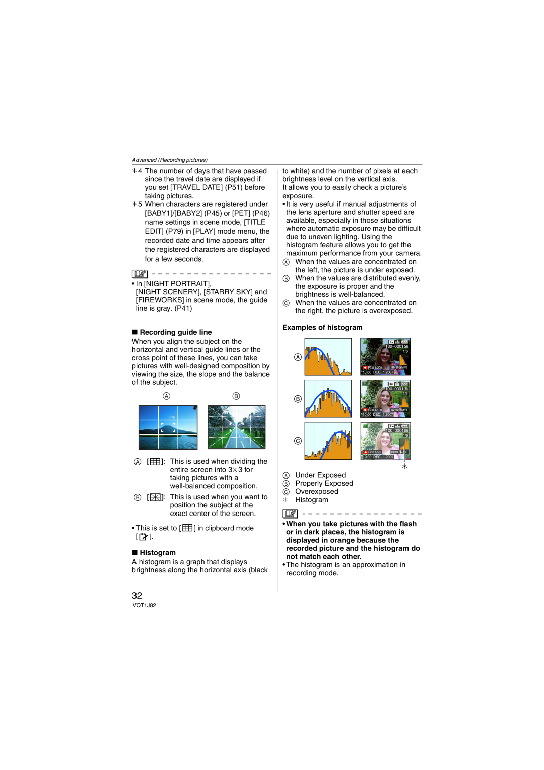 Panasonic DMC-FX33 operating instructions ∫ Recording guide line, Histogram, Examples of histogram 