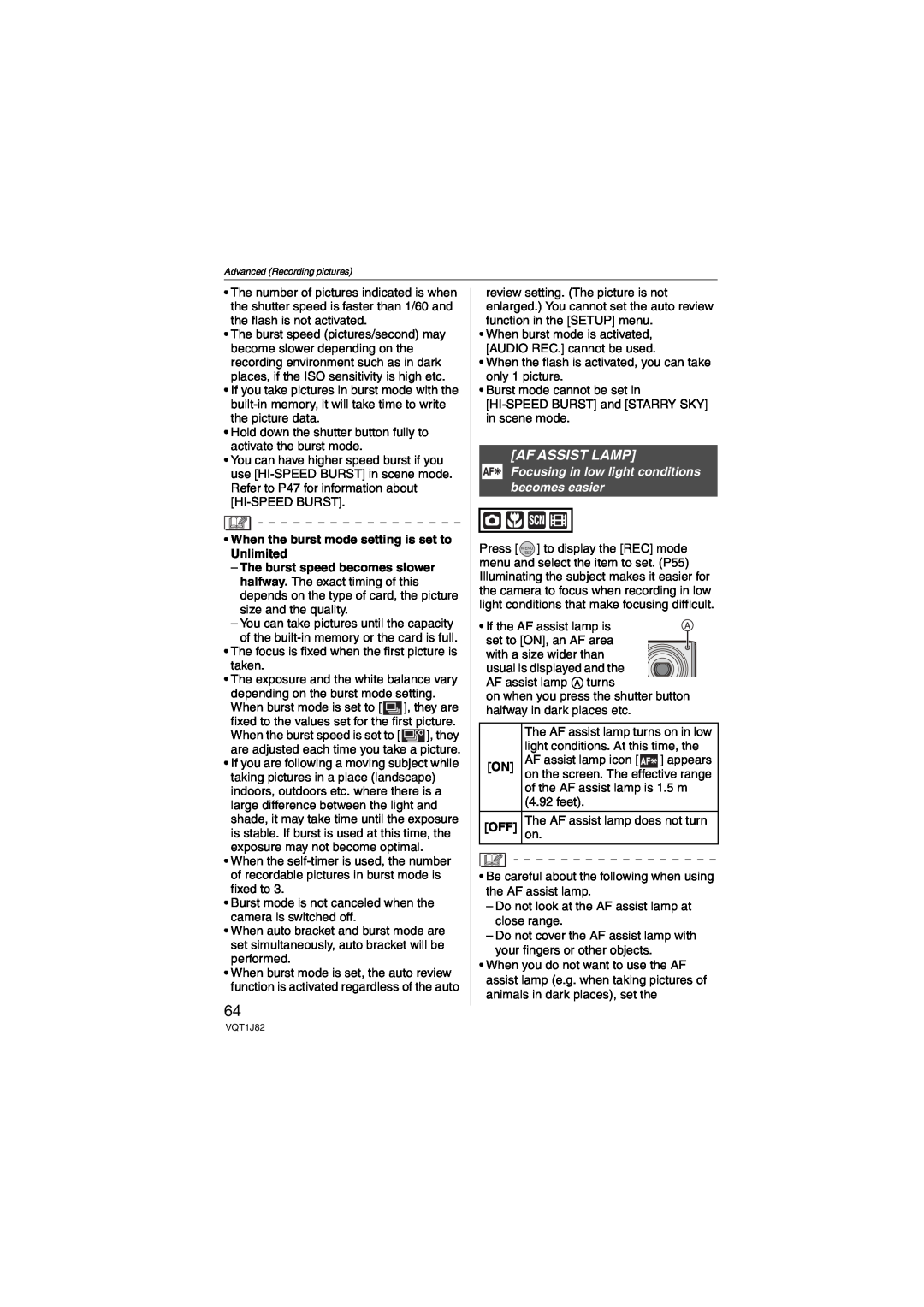 Panasonic DMC-FX33 operating instructions Af Assist Lamp, When the burst mode setting is set to Unlimited 