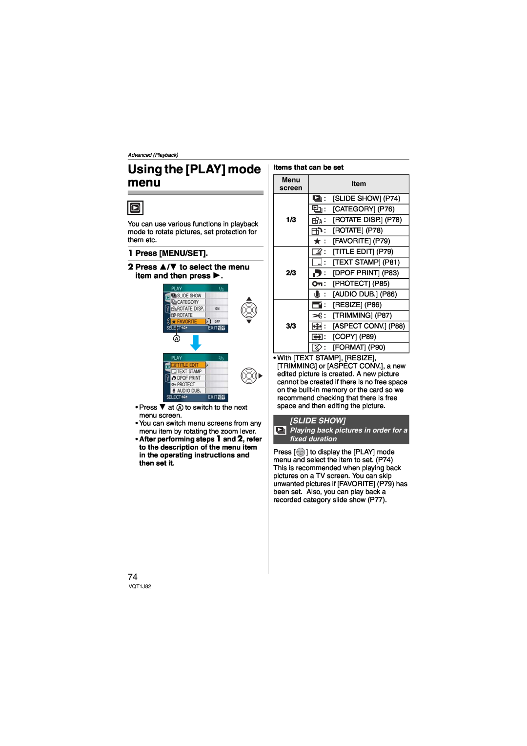 Panasonic DMC-FX33 Using the PLAY mode menu, Press MENU/SET 2 Press 3/4 to select the menu item and then press, Slide Show 