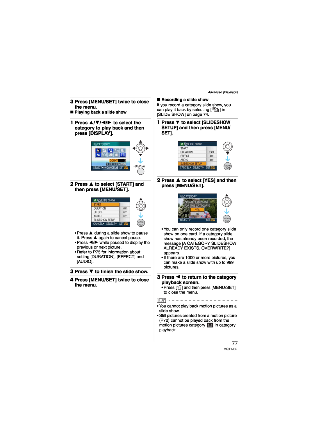 Panasonic DMC-FX33 operating instructions Press MENU/SET twice to close the menu, Press 4 to finish the slide show 