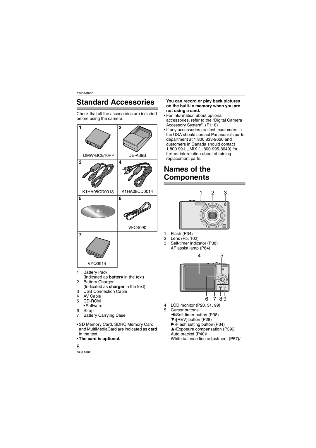 Panasonic DMC-FX33 operating instructions Standard Accessories, Names of the Components, 6 7 8, The card is optional 