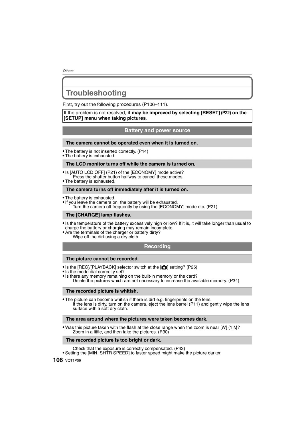 Panasonic DMC-FX35 operating instructions Troubleshooting, Battery and power source, Recording 