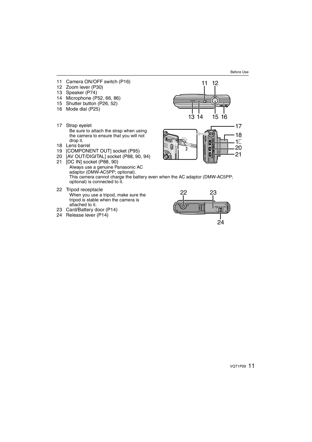 Panasonic DMC-FX35 operating instructions Tripod receptacle, Card/Battery door P14, Release lever P14 