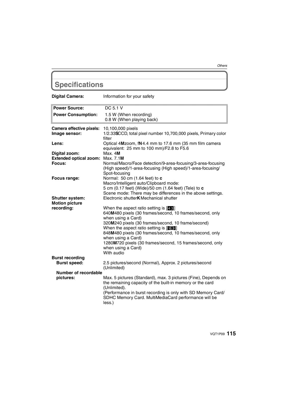 Panasonic DMC-FX35 operating instructions Specifications 