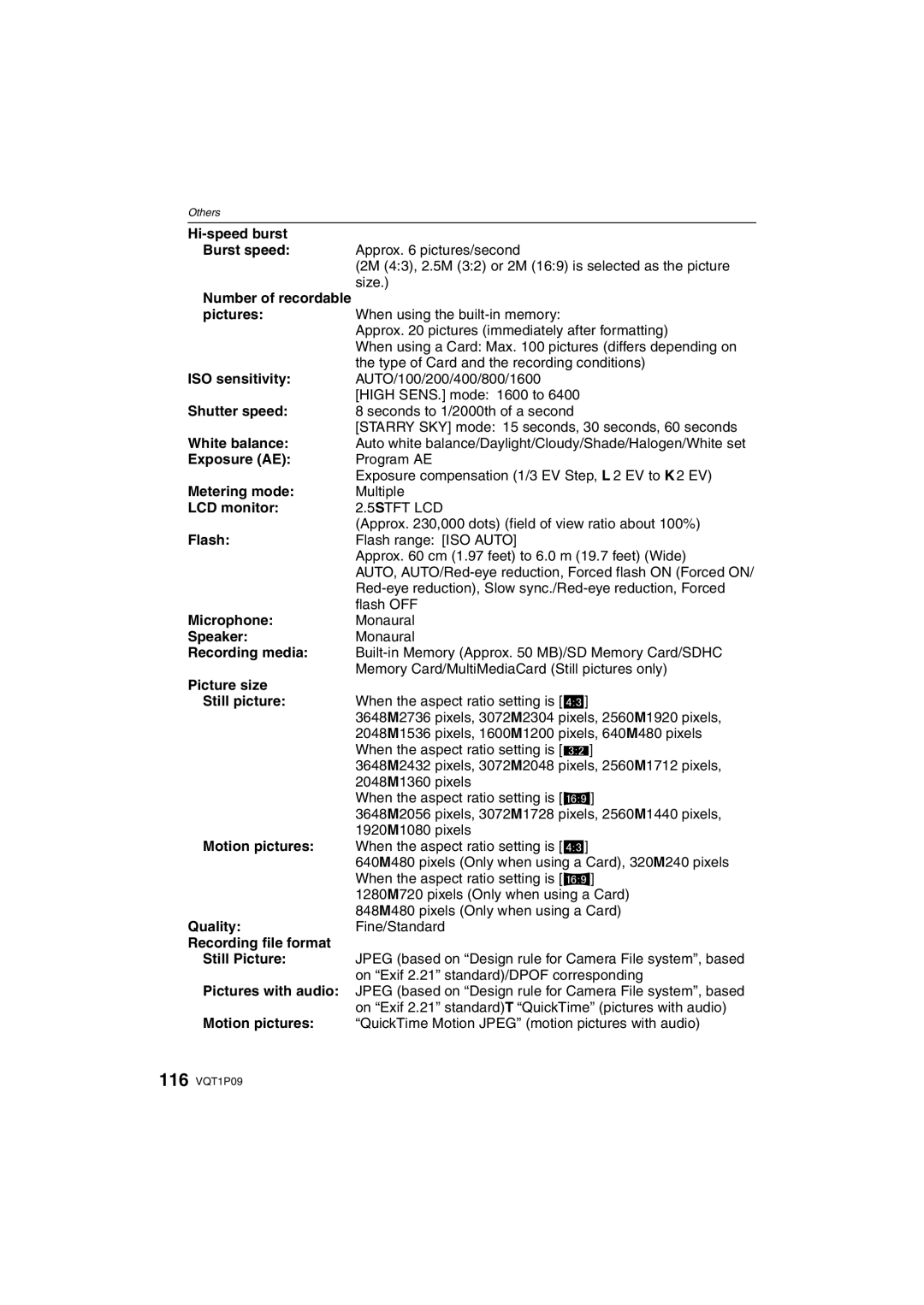 Panasonic DMC-FX35 Hi-speed burst Burst speed, Pictures, ISO sensitivity, Shutter speed, White balance, Exposure AE, Flash 