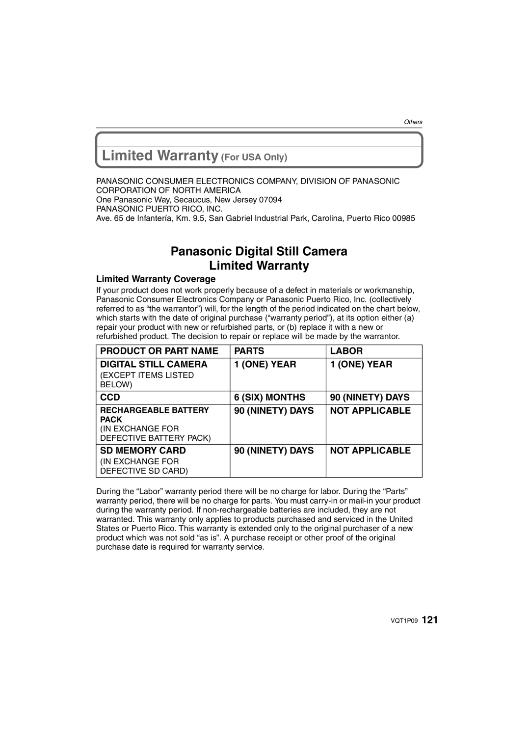 Panasonic DMC-FX35 operating instructions Limited Warranty Coverage, Except Items Listed Below, Rechargeable Battery 