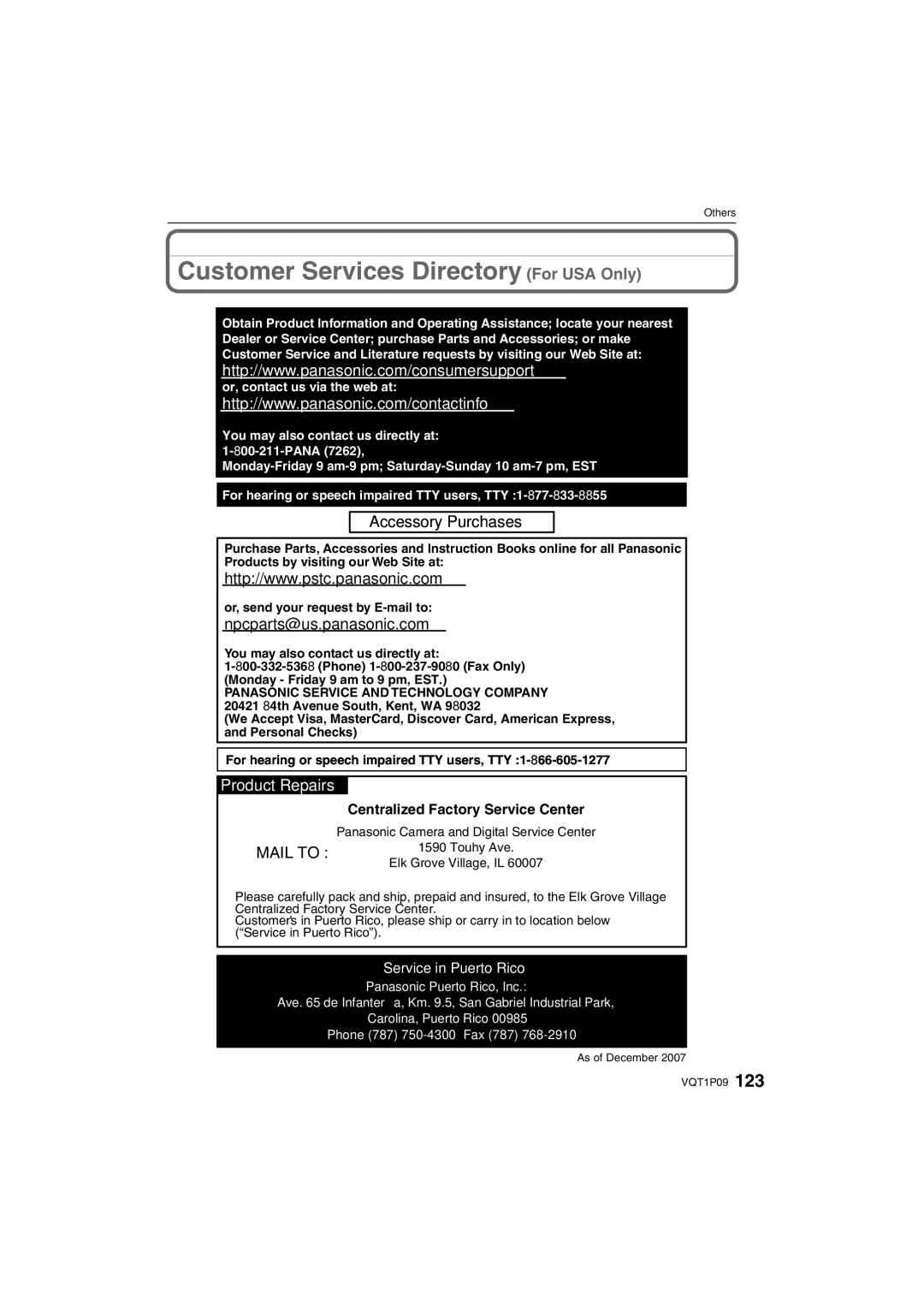 Panasonic DMC-FX35 operating instructions Customer Services Directory For USA Only, Centralized Factory Service Center 