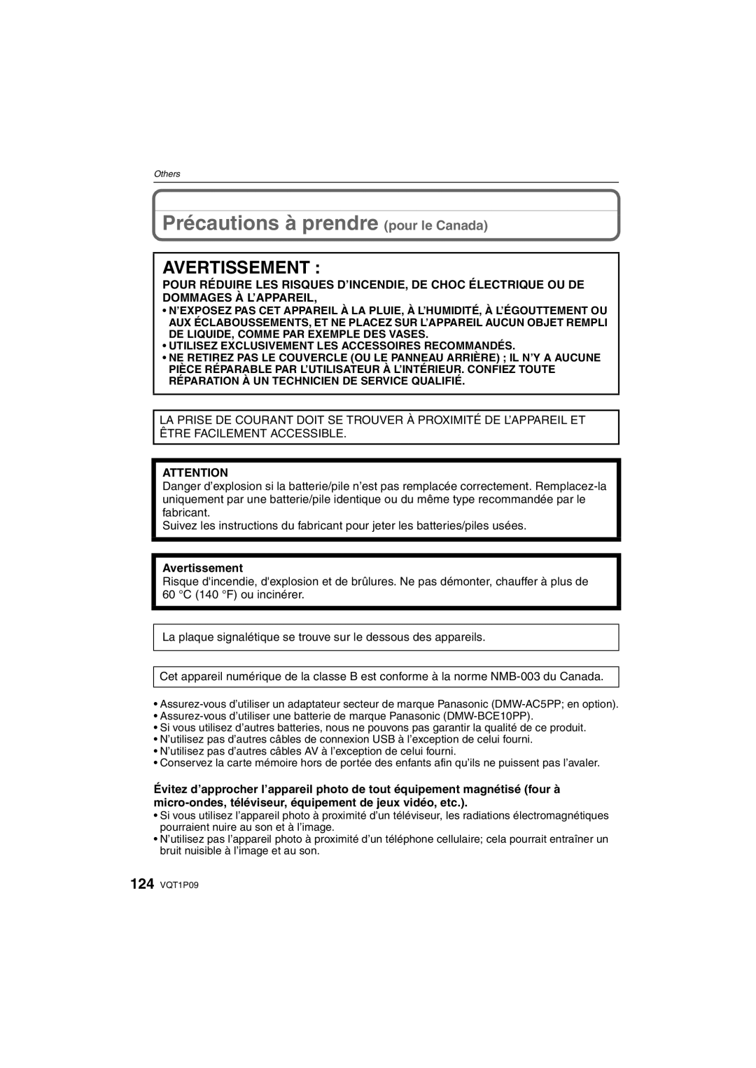 Panasonic DMC-FX35 operating instructions Précautions à prendre pour le Canada, Avertissement 